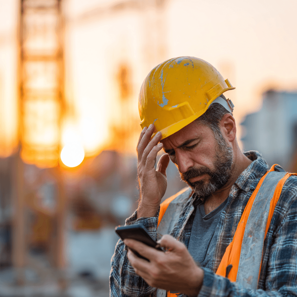 Encargado en obra mirando el móvil frustrado buscando un mensaje entre decenas de WhatsApps
